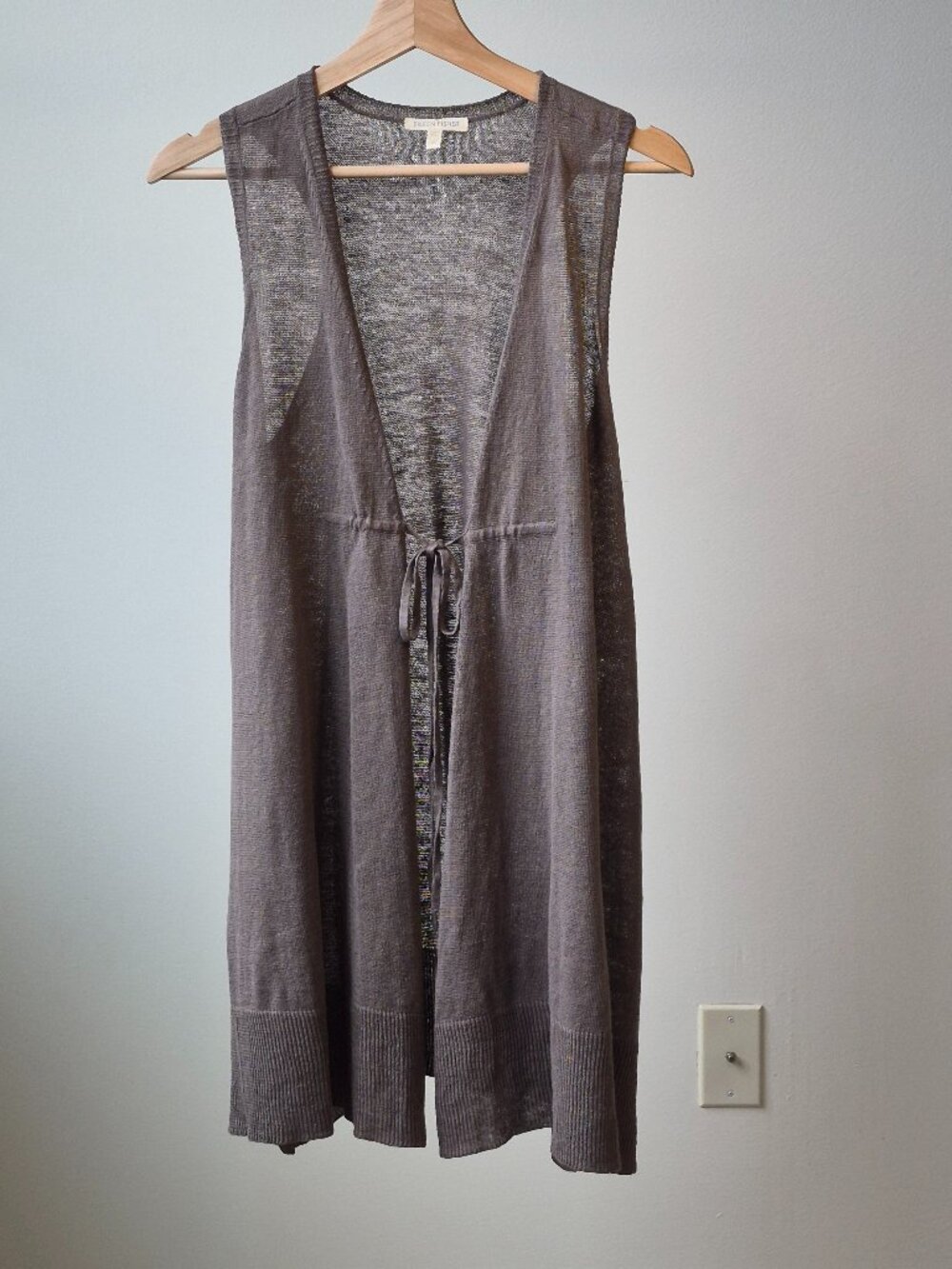 Eileen Fisher Cardigan Women XS 100% Linen Sleeveless Open Front Long Vest Taupe